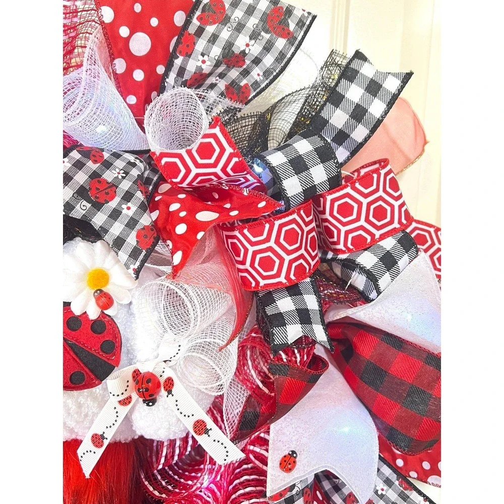 Summer Ladybug Ribbon Wreath Gnome Handmade 22 in Diam. #W6
